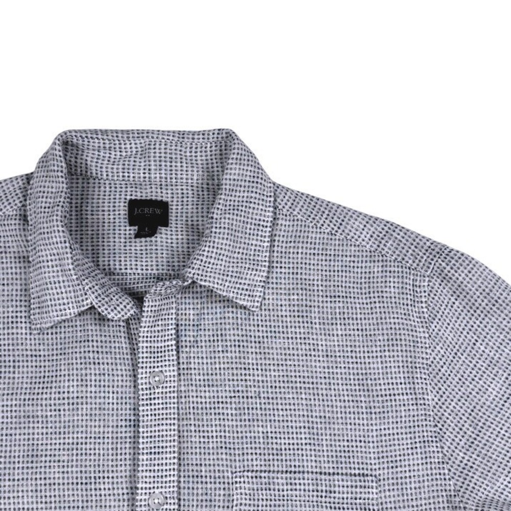 J. Crew Blue White Linen Cotton Blend Short Sleeve Button Down Shirt Mens Large